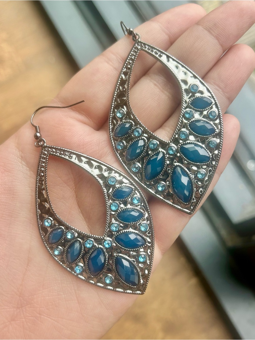 Vintage Style Teardrop Earrings Blue Rhinestone Statement piece